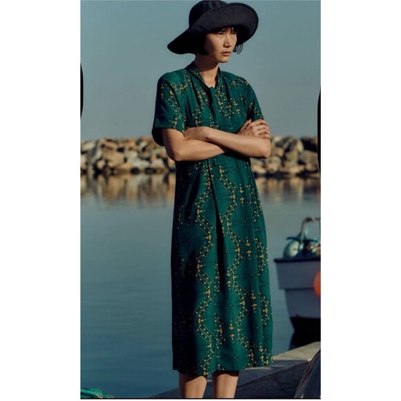 TOAST Bryn Midi Dress Pockets Green Navigation Print Floral Crepe Large - Picture 3 of 12